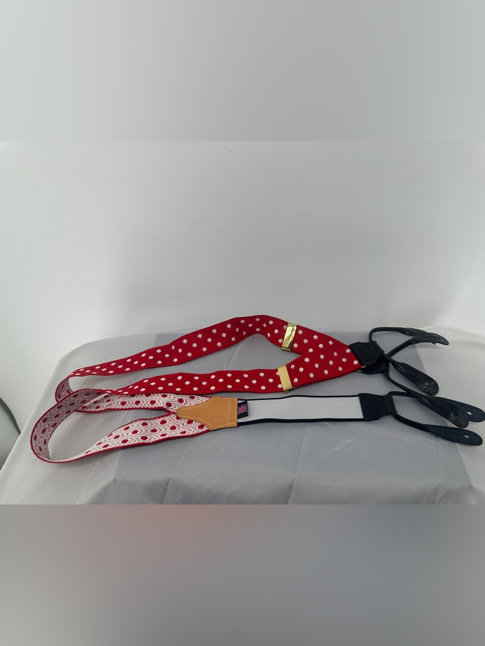 Red Polka Dot Suspenders with Leather Accents